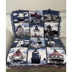 Vintage Goodwin Weavers East Coast 12 Lighthouse Throw Blanket Tapestry Afghan